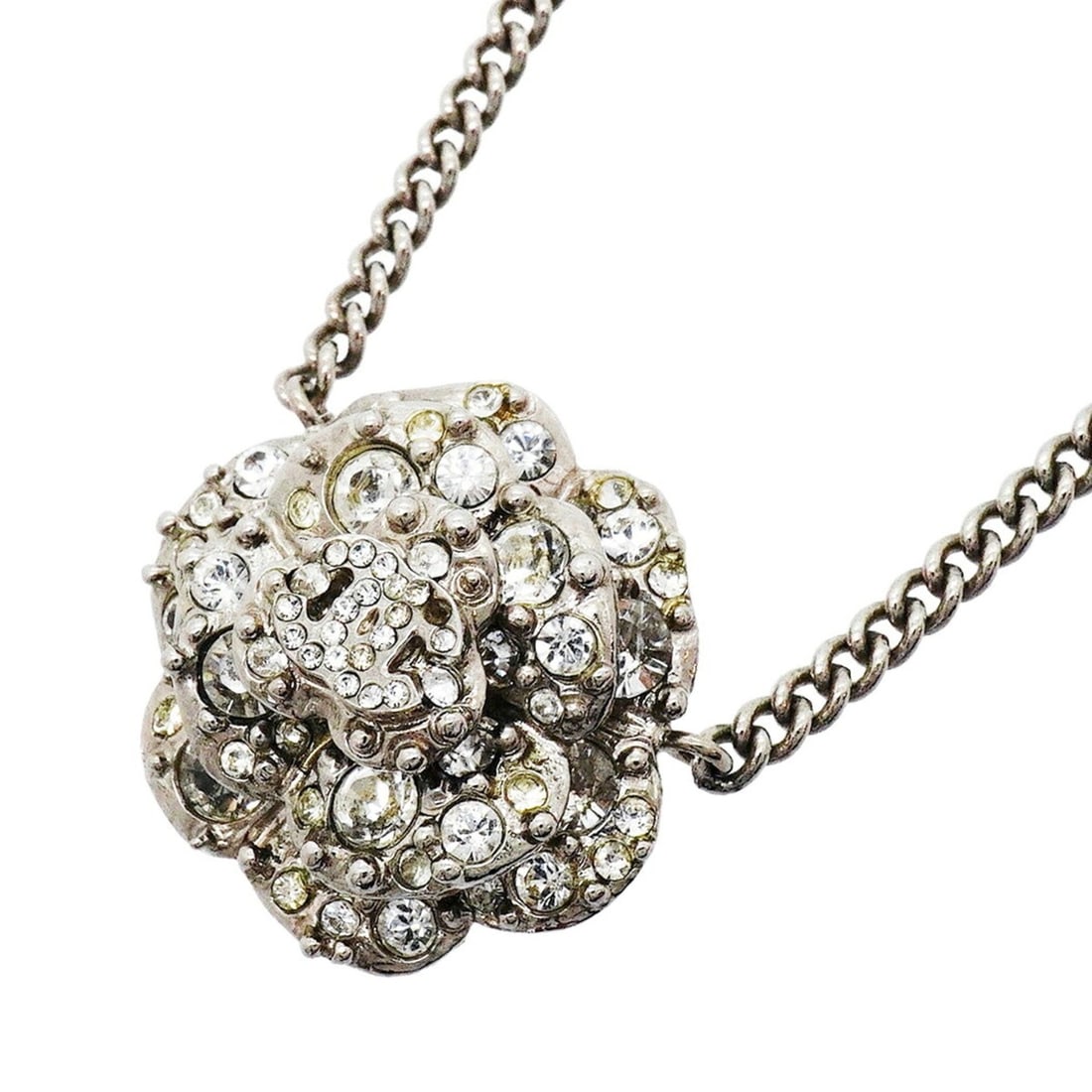 Chanel Necklace, Coco Mark, Camellia, Metal, Rhinestone, Silver, Women's: --- Catalog ---Category: SizePendant Size: 24.3mm x 26.2mm / 0.95'' x 1.03''Neck Circumference: 41.5 cm / 16.33''Category: DesignColor: SilverGender: WomenMaterial: Metal, RhinestoneNecklace Type: Nec
