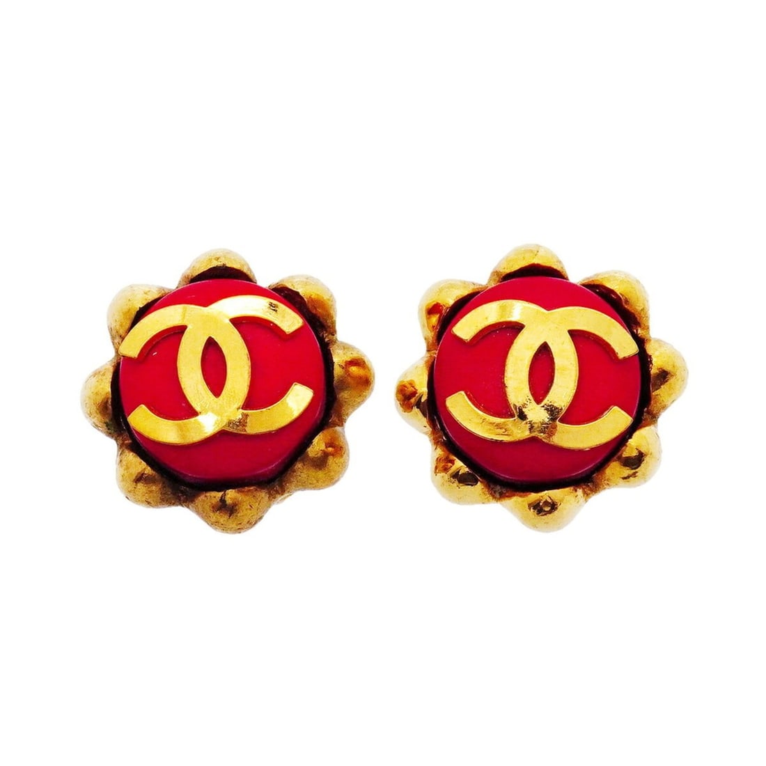 Chanel Earrings, Coco Mark, GP Plated, Gold, Red, Women's (1 of 12)