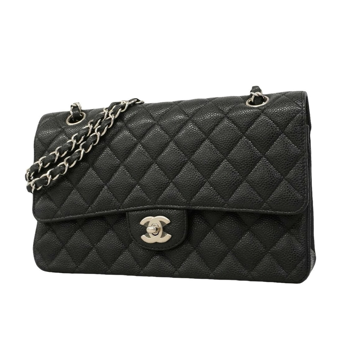 Chanel Matelassé Shoulder Bag, Double Flap, Chain, Caviar Leather, Black, Women's: --- Catalog ---Category: SizeSize (HxWxD): 17cm x 25cm x 6.5cm / 6.69'' x 9.84'' x 2.55''Category: DesignType: Shoulder bagColor: BlackGender: WomenMaterial: Grained Calfskin Hardware Color: SilverCat