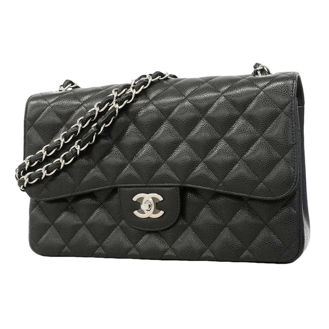 Chanel Shoulder Bag, Large Matelassé, Double Flap, Chain, Caviar Leather, Black, Women's: --- Catalog ---Category: SizeSize (HxWxD): 21cm x 30cm x 8.5cm / 8.26'' x 11.81'' x 3.34''Category: DesignType: Shoulder bagColor: BlackGender: WomenMaterial: Grained Calfskin Hardware Color: SilverCa