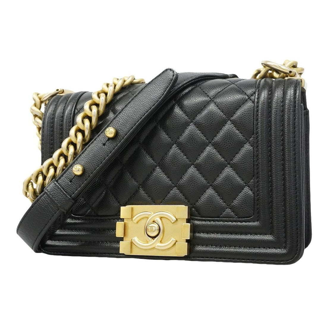 Chanel Boy Chain Shoulder Bag, Caviar Leather, Black, Women's: --- Catalog ---Category: SizeSize (HxWxD): 14cm x 20cm x 8cm / 5.51'' x 7.87'' x 3.14''Category: DesignType: Shoulder bagColor: BlackGender: WomenMaterial: Grained Calfskin Hardware Color: GoldCategor