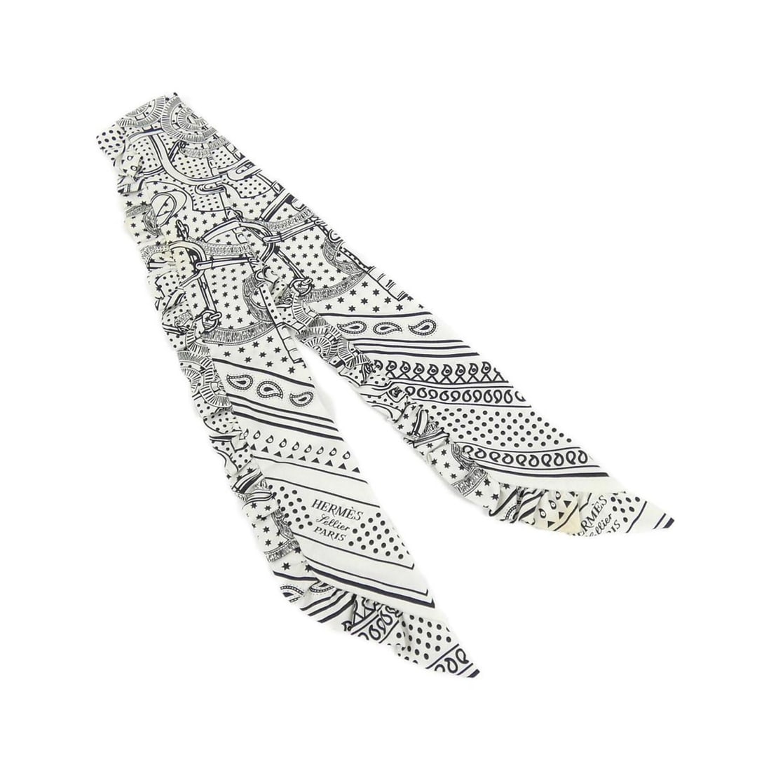 Hermes EPERON D'OR BANDANA Twilly Frill Scarf Muffler 852978S: --- Catalog ---Category: SizeSize (LxW): 6.5cm x 90cm / 2.55'' x 35.43''Category: DesignType: ScarfColor: Black, WhiteGender: Men,WomenMaterial: Silk Category: GeneralLine: TwillyBrand: Hermes--- Item