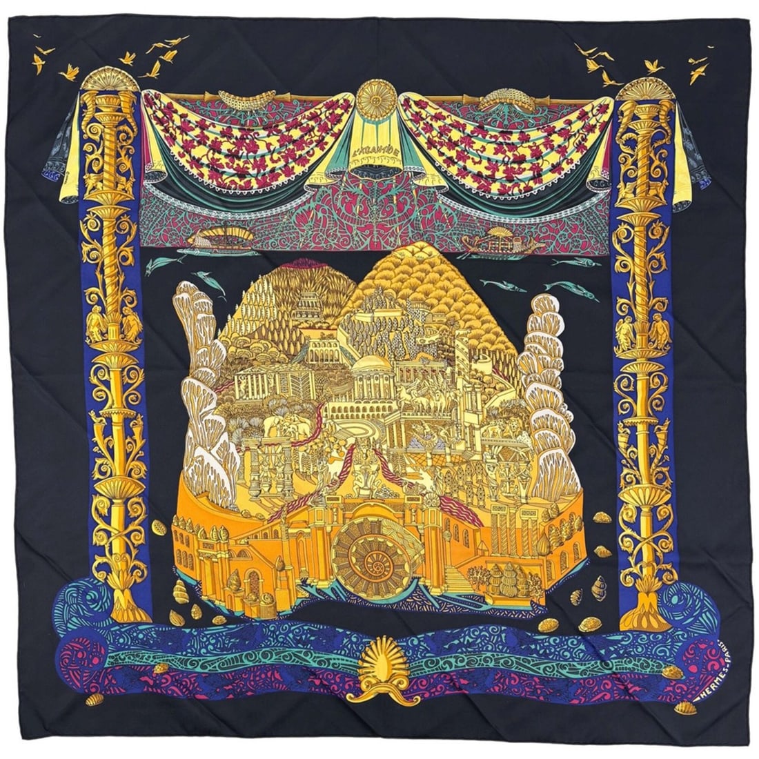 Hermes Carre 90 L'ATLANTIDE (Atlantis) Scarf/Muffler, Silk, Black/Multicolor, Women's: --- Catalog ---Category: SizeSize (LxW): 89cm x 88cm / 35.03'' x 34.64''Category: DesignType: ScarfColor: Black, Multi-colorGender: WomenCategory: GeneralBrand: Hermes--- Item List ---Section: Conditi