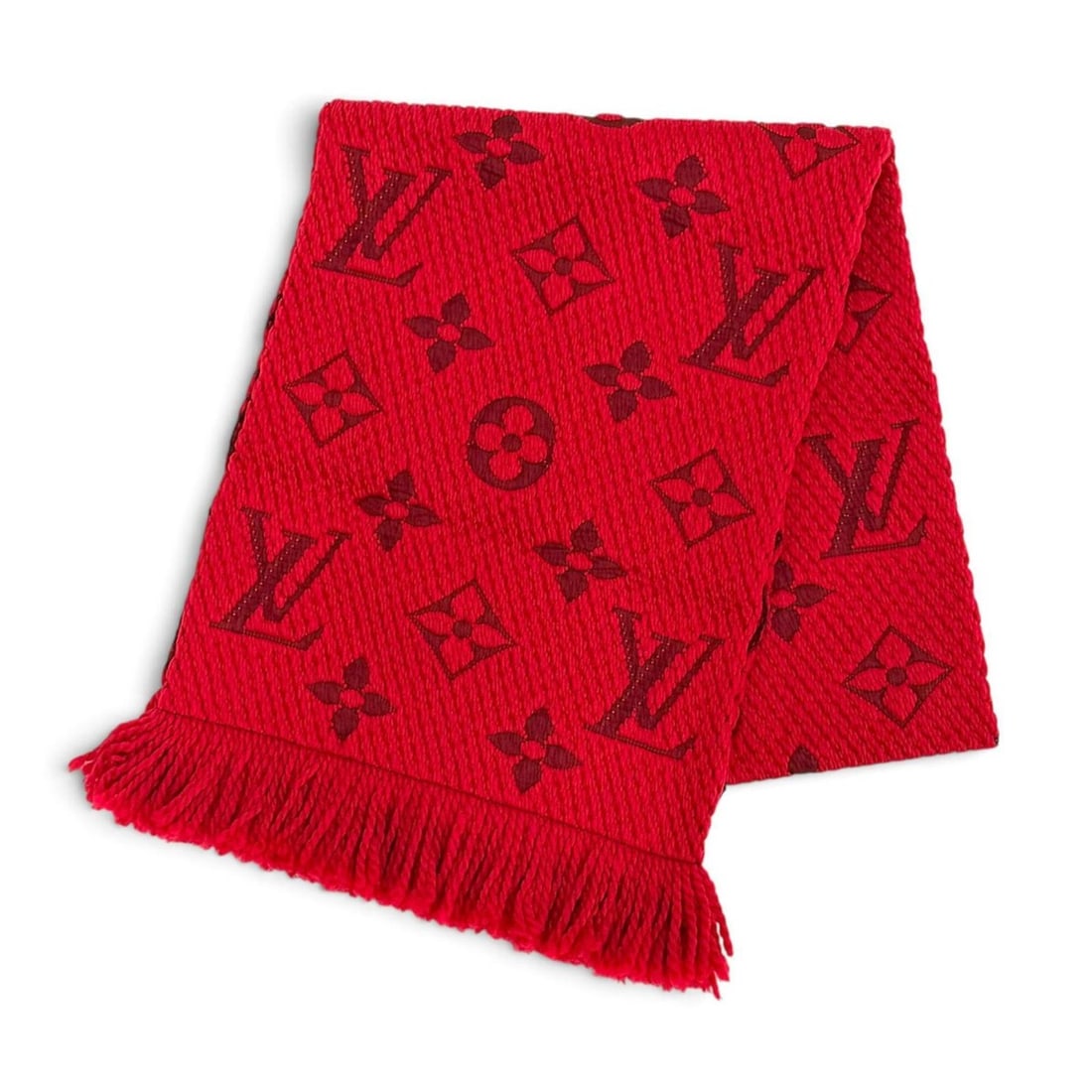 LOUIS VUITTON 413287 Echarpe Logomania Wool Silk Ruby Monogram Fringe Stole Scarf, Made in Italy,: --- Catalog ---Category: SizeSize (LxW): 1.54m x 30.5cm / 60.62'' x 12''Category: DesignType: StoleColor: RubyGender: WomenMaterial: Wool , Silk Category: GeneralMPN: 413287Brand: Louis VuittonCountry