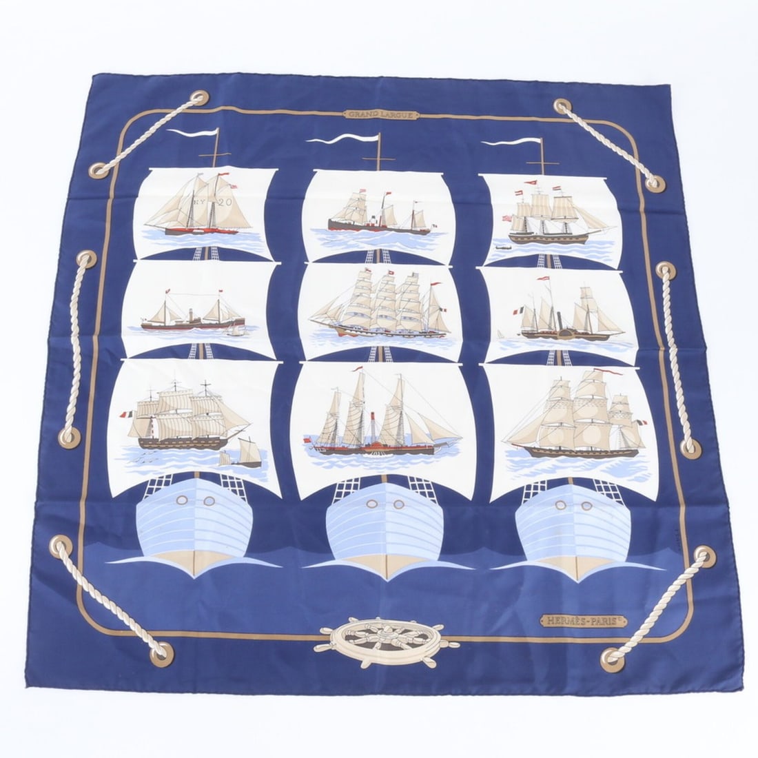 Hermes Carre 90 GRAND LARGUE (with tag) Ship design, 100% silk scarf, for women and men.: --- Catalog ---Category: SizeSize (LxW): 90cm x 89cm / 35.43'' x 35.03''Category: DesignType: ScarfColor: BlueGender: Men,WomenMaterial: Silk Category: GeneralBrand: HermesCountry of Origin: France---