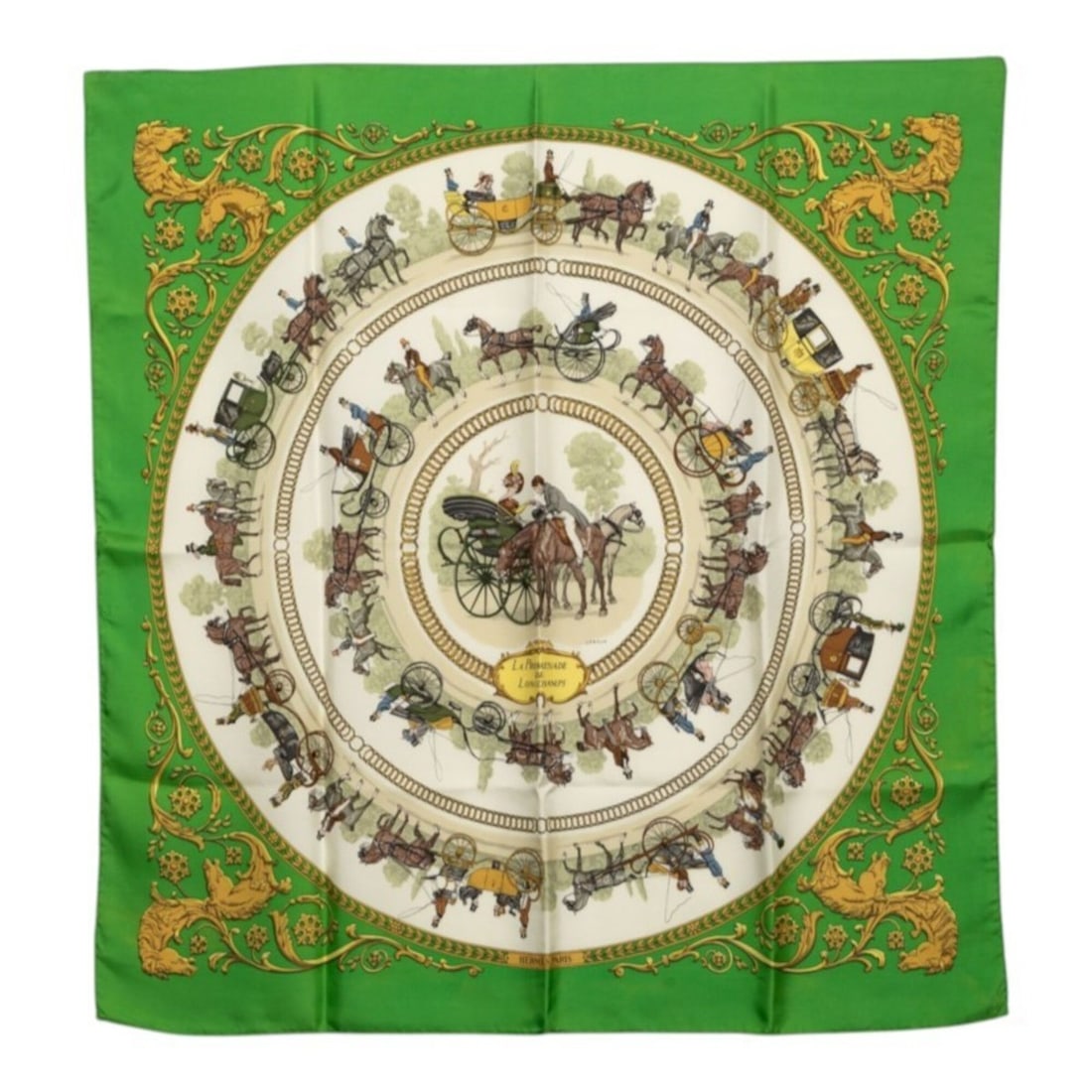 Hermes Carre 90 LA PROMENADE DE LONGCHAMPS (A Walk to Longchamp) Scarf/Muffler, Green Multicolor: --- Catalog ---Category: SizeSize (LxW): 89.5cm x 87cm / 35.23'' x 34.25''Category: DesignType: ScarfColor: Green, Multi-colorGender: WomenMaterial: Silk Category: GeneralBrand: Hermes--- Item List --