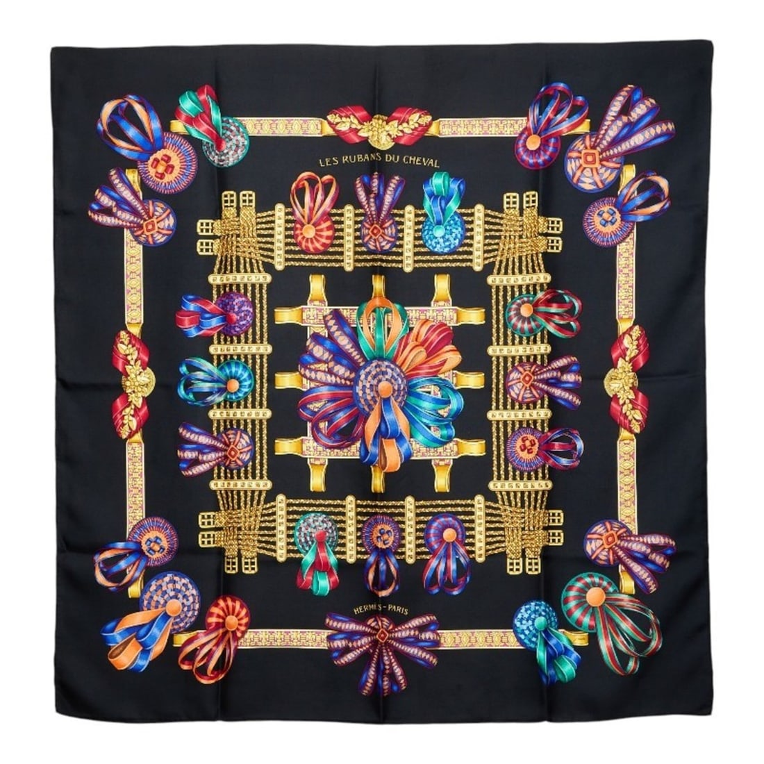 Hermes Carre 90 LES RUBANS DU CHEVAL Horse Ribbon Scarf Muffler Black Multicolor Silk Women's HERMES: --- Catalog ---Category: SizeSize (LxW): 89cm x 88cm / 35.03'' x 34.64''Category: DesignType: ScarfColor: Black, Multi-colorGender: WomenMaterial: Silk Category: GeneralBrand: Hermes--- Item List ---S
