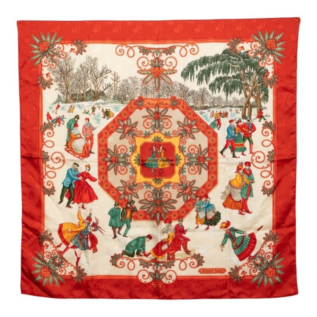 Hermes Carre 90 Winter Pleasures Joies d'Hiver Scarf Muffler Red Multicolor Silk Women's HERMES: --- Catalog ---Category: SizeSize (LxW): 87.5cm x 88cm / 34.44'' x 34.64''Category: DesignType: ScarfColor: Multi-color, Red colorGender: WomenMaterial: Silk Category: GeneralBrand: Hermes--- Item Lis