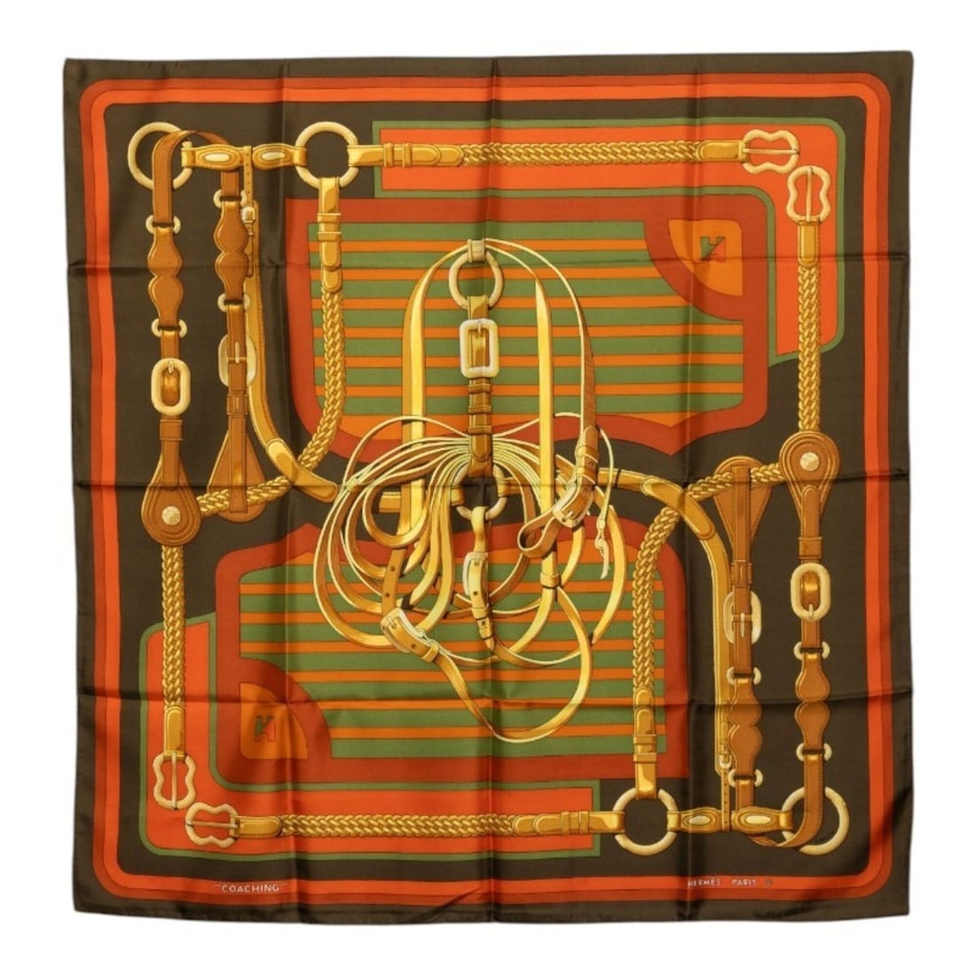 Hermes Carre 90 Coaching Scarf/Muffler, Brown Multicolor Silk, Women's: --- Catalog ---Category: SizeSize (LxW): 89cm x 87cm / 35.03'' x 34.25''Category: DesignType: ScarfColor: Brown, Multi-colorGender: WomenMaterial: Silk Category: GeneralBrand: Hermes--- Item List