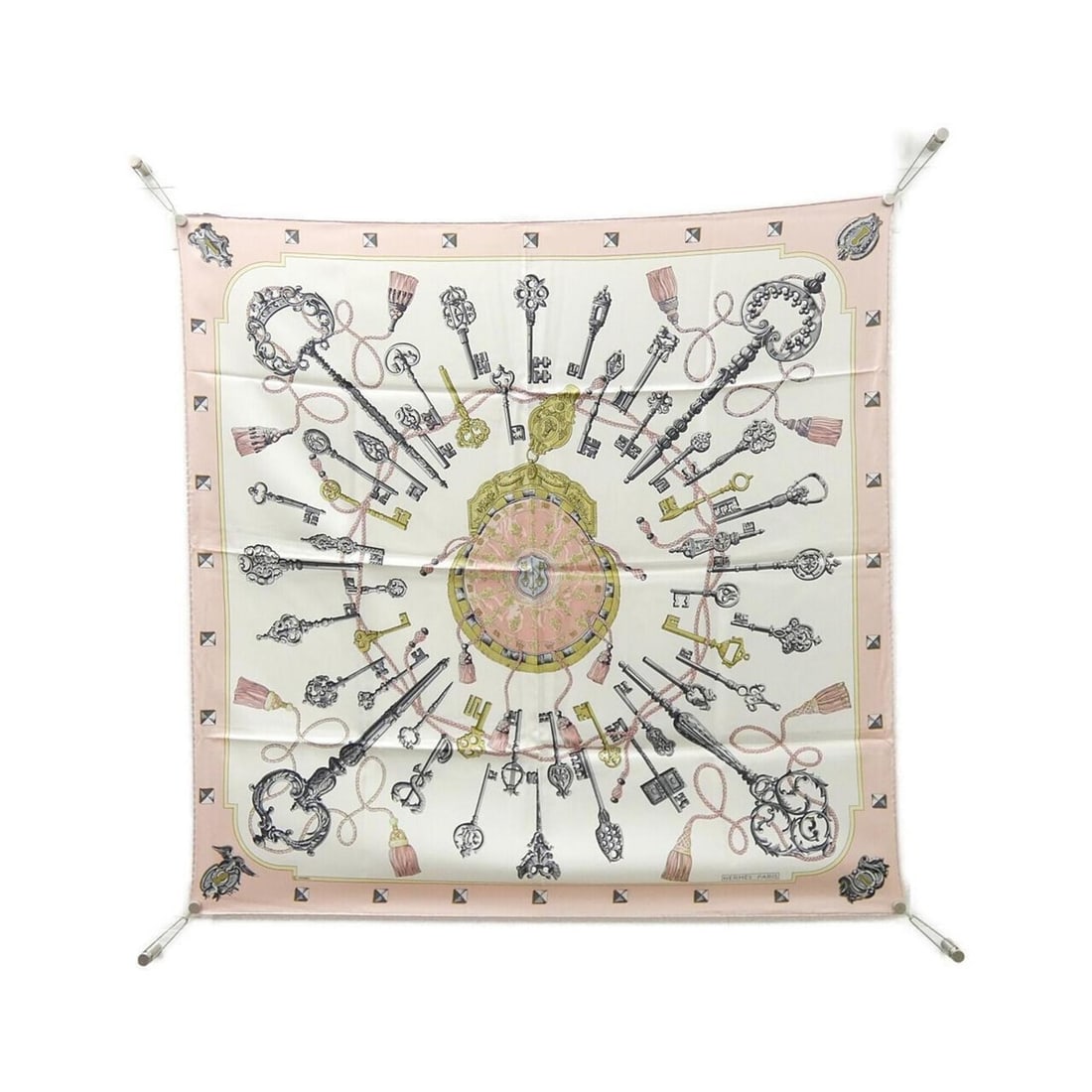 Hermes LES CLES Carre Scarf Muffler: --- Catalog ---Category: SizeSize (LxW): 90cm x 90cm / 35.43'' x 35.43''Category: DesignType: ScarfColor: Pink, WhiteGender: Men,WomenMaterial: Silk Category: GeneralBrand: Hermes--- Item List