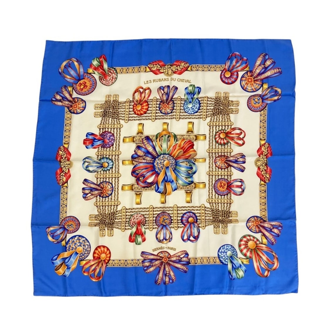 HERMES Carre 90 LES RUBANS DU CHEVAL Large Silk Scarf/Muffler, Blue, Women's: --- Catalog ---Category: SizeSize (LxW): 89cm x 86cm / 35.03'' x 33.85''Category: DesignType: ScarfColor: BlueGender: WomenMaterial: Silk Category: GeneralBrand: Hermes--- Item List ---Section: