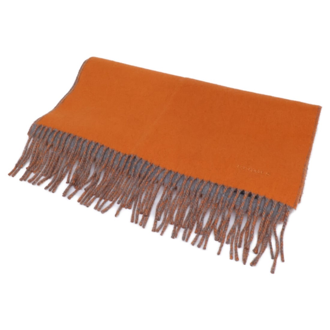 HERMES logo embroidered cashmere bicolor fringe stole/scarf in orange and gray for women. (1 of 11)