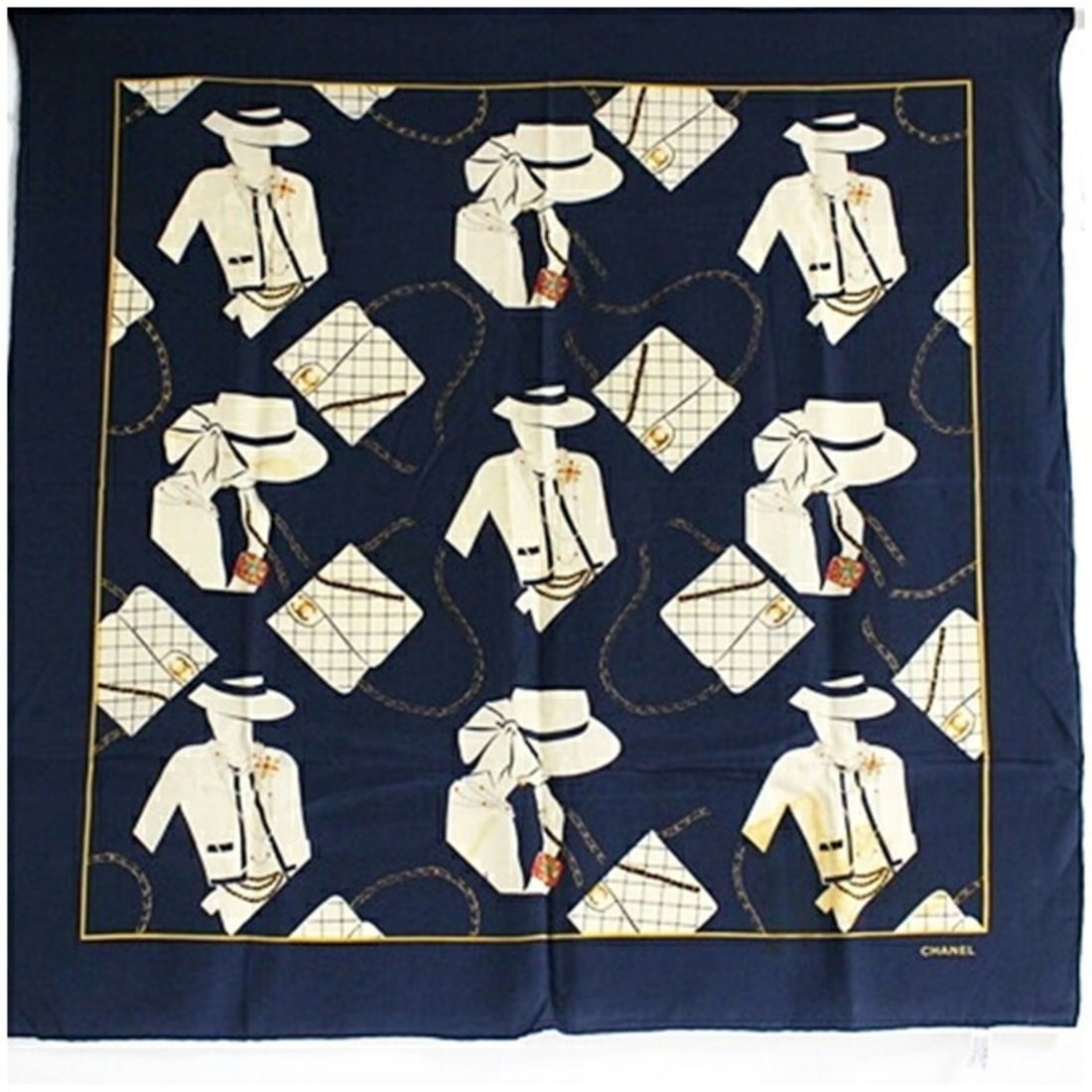 Chanel Silk Scarf Muffler Navy x White Bag Pattern CHANEL Women's: --- Catalog ---Category: SizeSize (LxW): 84cm x 84cm / 33.07'' x 33.07''Category: DesignType: ScarfColor: Navy, WhiteGender: Men,WomenMaterial: Silk Category: GeneralBrand: Chanel--- Item List ---Sect