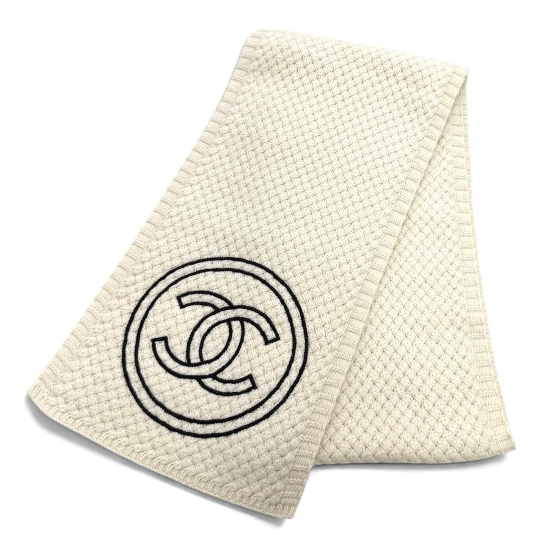 CHANEL 100% Cashmere Coco Mark Knit Stole/Scarf - Ivory/Black Made in Italy Women's (1 of 10)