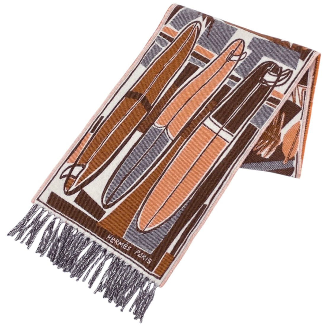 Hermes scarf, Sea Surf and Fun, cashmere, orange/brown, women's.: --- Catalog ---Category: SizeSize (LxW): 1.6m x 26.5cm / 62.99'' x 10.43''Category: DesignType: StoleColor: Brown, OrangeGender: WomenMaterial: Cashmere Category: GeneralBrand: Hermes--- Item List ---