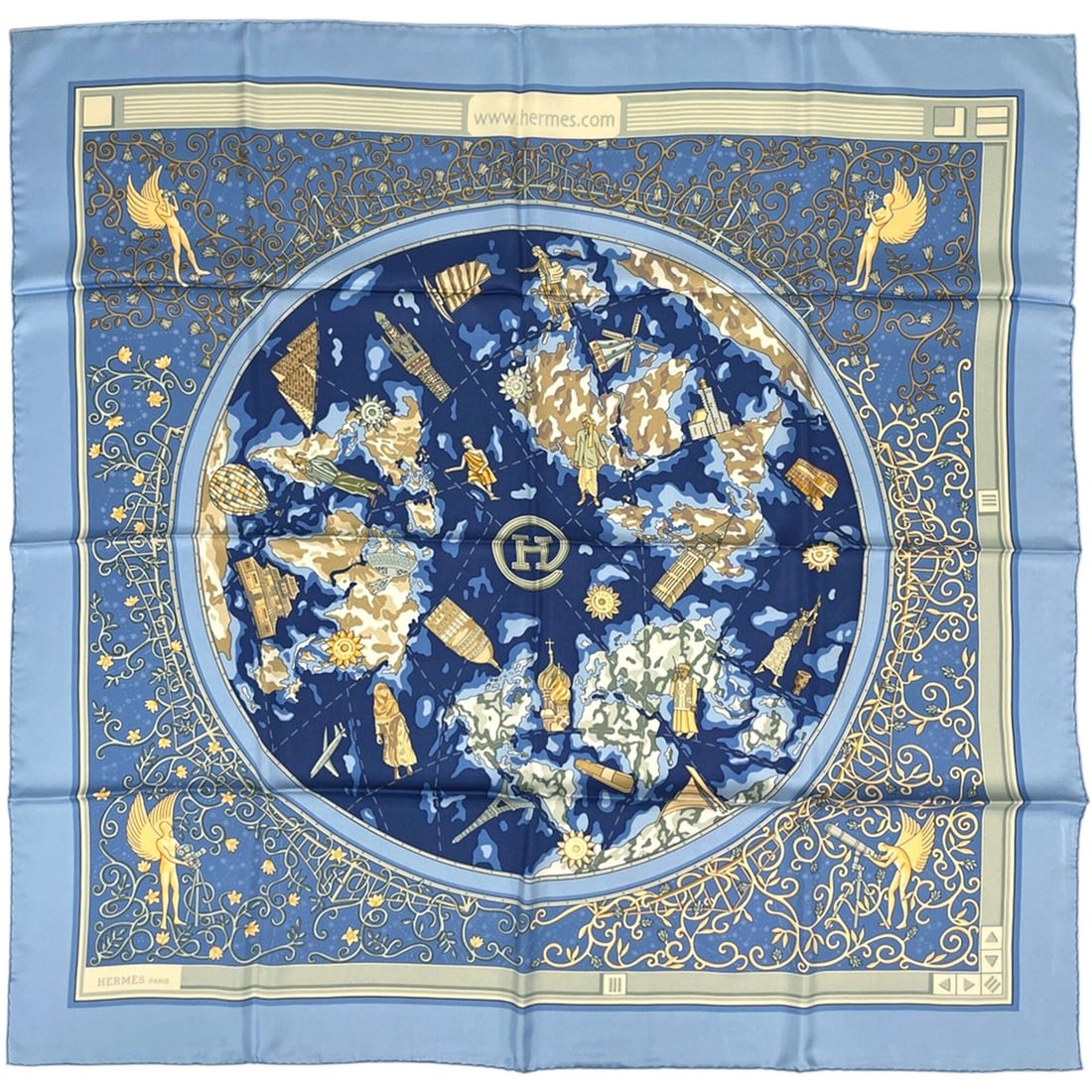 Hermes Carre 90 World Map Scarf/Muffler, Silk, Blue Multicolor, Women's: --- Catalog ---Category: SizeSize (LxW): 87cm x 89cm / 34.25'' x 35.03''Category: DesignType: ScarfColor: Blue, Multi-colorGender: WomenMaterial: Silk Category: GeneralBrand: Hermes--- Item List ---Se