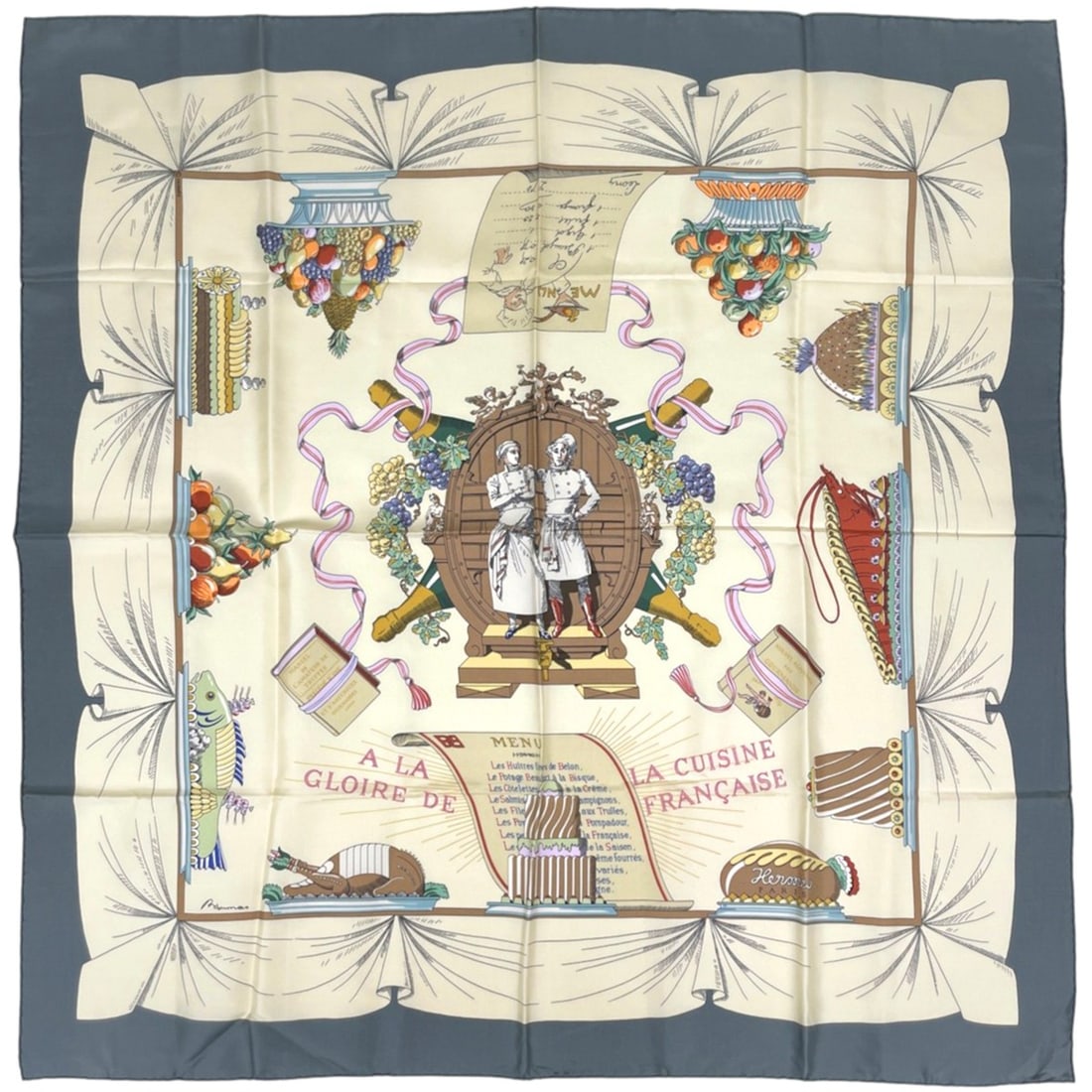 Hermes Carre 90 A LA GLOIRE DE CUISINE FRANCAISE Scarf/Muffler - tribute to French cuisine Silk,: --- Catalog ---Category: SizeSize (LxW): 89cm x 90cm / 35.03'' x 35.43''Category: DesignType: ScarfColor: Beige, GrayGender: WomenMaterial: Silk Category: GeneralBrand: HermesCountry of Origin: France