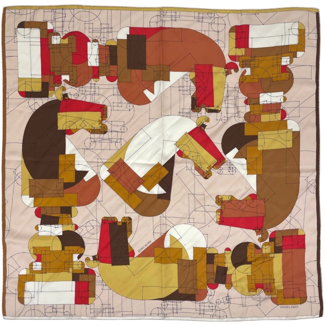 Hermes Carre 90 ECHEC AU ROI Scarf Muffler Checkmate Silk Beige Brown Women's: --- Catalog ---Category: SizeSize (LxW): 89cm x 88cm / 35.03'' x 34.64''Category: DesignType: ScarfColor: Beige, BrownGender: WomenMaterial: Silk Category: GeneralBrand: Hermes--- Item List ---Section