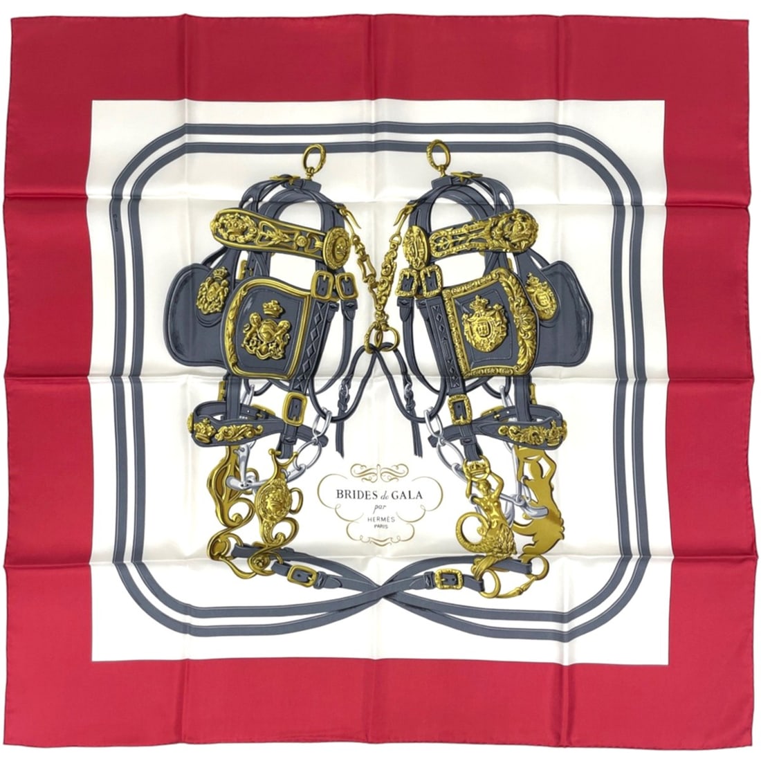 Hermes Carre 90 Brides de Gala Scarf/Muffler (Ceremonial Bridle/Equestrian Tack) Silk, Red, Women's: --- Catalog ---Category: SizeSize (LxW): 90cm x 89cm / 35.43'' x 35.03''Category: DesignType: ScarfColor: Red colorGender: WomenMaterial: Silk Category: GeneralBrand: Hermes--- Item List ---Section: C