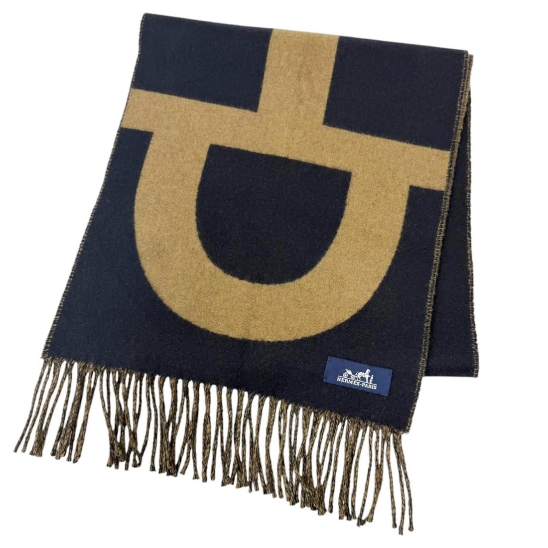 HERMES Grand Mall 100% Cashmere Horsebit Fringe Scarf/Shawl, Navy Brown, Made in England,: --- Catalog ---Category: SizeSize (LxW): 1.39m x 30.5cm / 54.72'' x 12''Category: DesignType: StoleColor: Brown, NavyGender: Men,WomenMaterial: Cashmere Category: GeneralBrand: HermesCountry of Origin