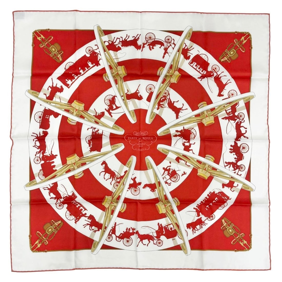 HERMES Paris Qui Roule (Paris on a Wheel) 100% Silk Carre 70 Scarf/Muffler, Red and White, Made in: --- Catalog ---Category: SizeSize (LxW): 66cm x 66cm / 25.98'' x 25.98''Category: DesignType: ScarfColor: Red color, WhiteGender: WomenMaterial: Silk Category: GeneralBrand: HermesCountry of Origin: F
