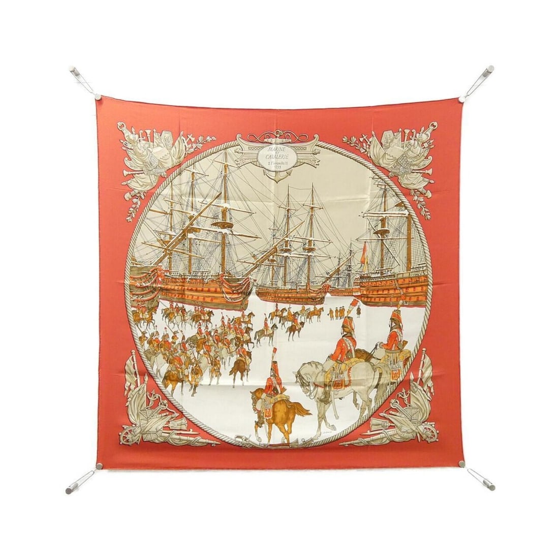 Hermes MARINE ET CAVALERIE Carre Scarf Muffler: --- Catalog ---Category: SizeSize (LxW): 90cm x 90cm / 35.43'' x 35.43''Category: DesignType: ScarfColor: Beige, Red color, WhiteGender: Women,MenMaterial: Silk Category: GeneralBrand: Hermes--- Item 