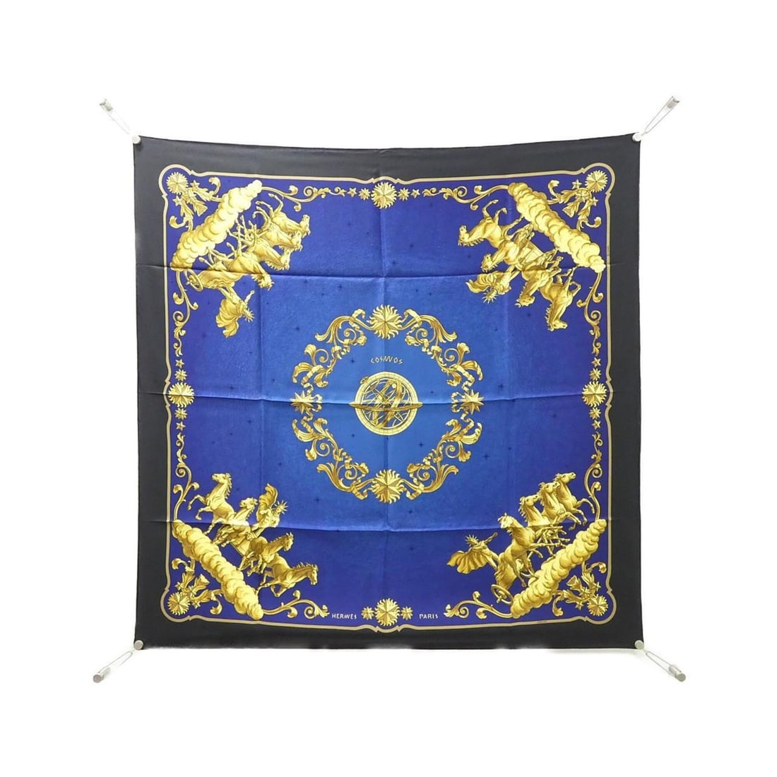 Hermes COSMOS Carre Scarf Muffler: --- Catalog ---Category: SizeSize (LxW): 90cm x 90cm / 35.43'' x 35.43''Category: DesignType: ScarfColor: Black, Blue, GoldGender: Women,MenMaterial: Silk Category: GeneralBrand: Hermes--- Item List -