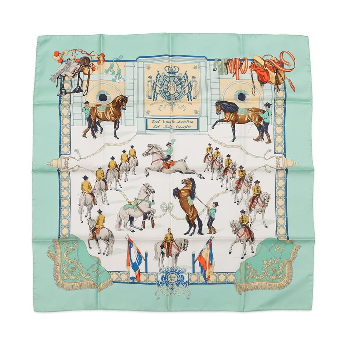 Hermes scarf, muffler, carré 90, Royal Andalusian Equestrian School (Real Escuela Andaluza del Arte: --- Catalog ---Category: SizeSize (LxW): 90cm x 90cm / 35.43'' x 35.43''Category: DesignType: ScarfColor: Light green, Multi-colorGender: WomenMaterial: Silk Category: GeneralBrand: HermesCountry of O