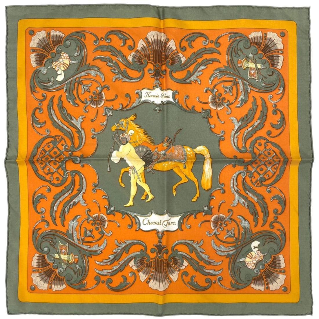 Hermes Petit Carré Cheval Turc Scarf/Muffler - Turkish Horse Design Silk Green/Orange Women's: --- Catalog ---Category: SizeSize (LxW): 43cm x 42cm / 16.92'' x 16.53''Category: DesignType: ScarfColor: Green, OrangeGender: WomenMaterial: Silk Category: GeneralBrand: Hermes--- Item List ---Sectio