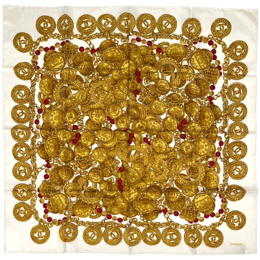 Chanel scarf/muffler, Coco Mark, silk, gold, multicolor, women's.: --- Catalog ---Category: SizeSize (LxW): 86cm x 90cm / 33.85'' x 35.43''Category: DesignType: ScarfColor: Gold, Multi-colorGender: WomenMaterial: Silk Category: GeneralBrand: Chanel--- Item List ---Se