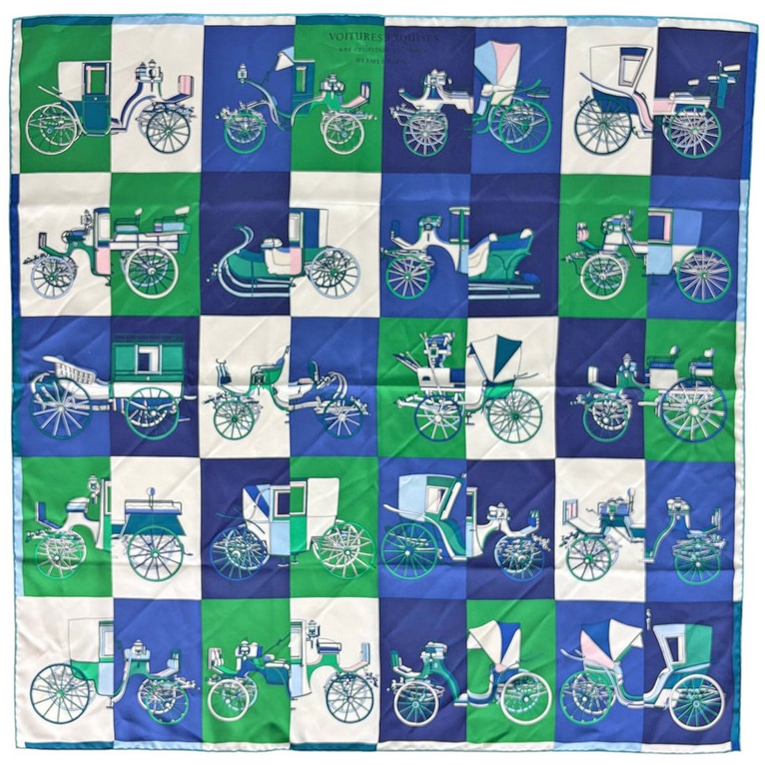 Hermes Carre 90 Voitures Exquises Scarf/Muffler, Exquisite Carriage Design, Silk, Green, Multicolor,: --- Catalog ---Category: SizeSize (LxW): 87.5cm x 88.5cm / 34.44'' x 34.84''Category: DesignType: ScarfColor: Green, Multi-colorGender: WomenMaterial: Silk Category: GeneralBrand: Hermes--- Item List 