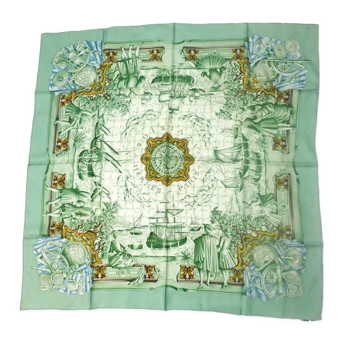 HERMES scarf/muffler, Carre 90, inspired by the Age of Discovery.: --- Catalog ---Category: SizeSize (LxW): 90cm x 89cm / 35.43'' x 35.03''Category: DesignType: ScarfColor: Beige, GreenGender: WomenMaterial: Silk Category: GeneralBrand: Hermes--- Item List ---Section