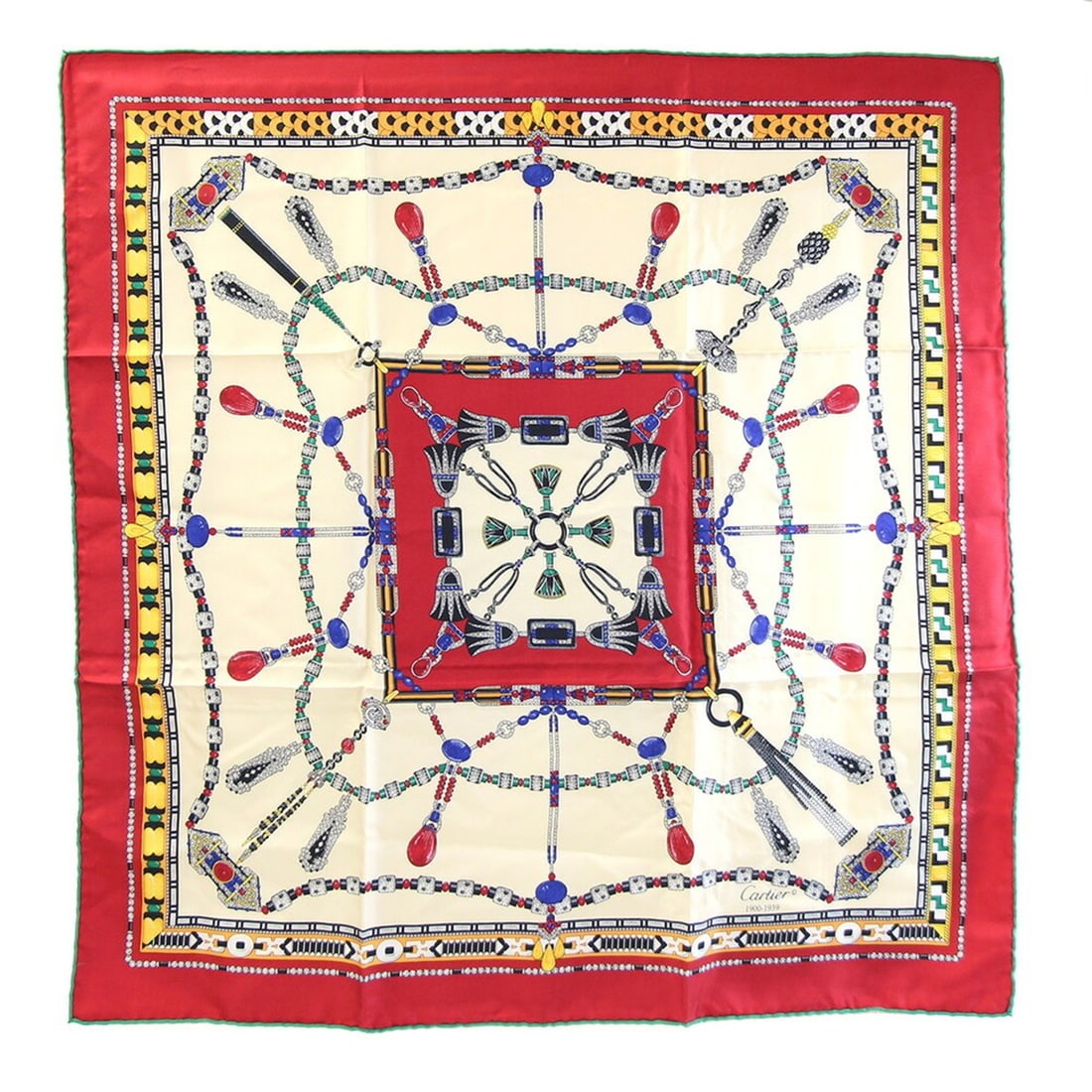 Cartier scarf/muffler, red and beige, 100% silk, large size, for women.: --- Catalog ---Category: SizeSize (LxW): 67cm x 65cm / 26.37'' x 25.59''Category: DesignType: ScarfColor: Beige, Multi-color, Red colorGender: WomenMaterial: Silk Category: GeneralBrand: CartierCountr