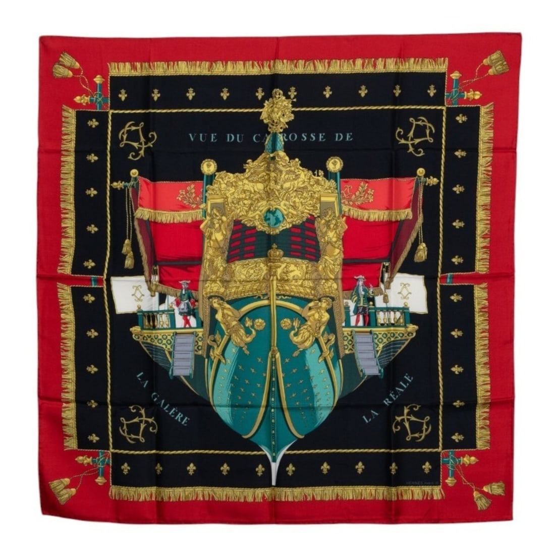 Hermes Carre 90 VUE DU CARROSSE DE LA GALERE REALE Queen's Coronation Scarf Muffler Red Multicolor: --- Catalog ---Category: SizeSize (LxW): 90cm x 90cm / 35.43'' x 35.43''Category: DesignType: ScarfColor: Multi-color, Red colorGender: WomenMaterial: Silk Category: GeneralBrand: Hermes--- Item List 