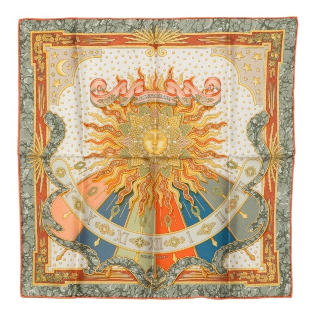 Hermes Carre 45 Petit Gavroche CARPE DIEM Enjoy Today Handkerchief Scarf Muffler Multicolor Silk: --- Catalog ---Category: SizeSize (LxW): 41cm x 40cm / 16.14'' x 15.74''Category: DesignType: HandkerchiefColor: Multi-colorGender: WomenMaterial: Silk Category: GeneralBrand: Hermes--- Item List ---S