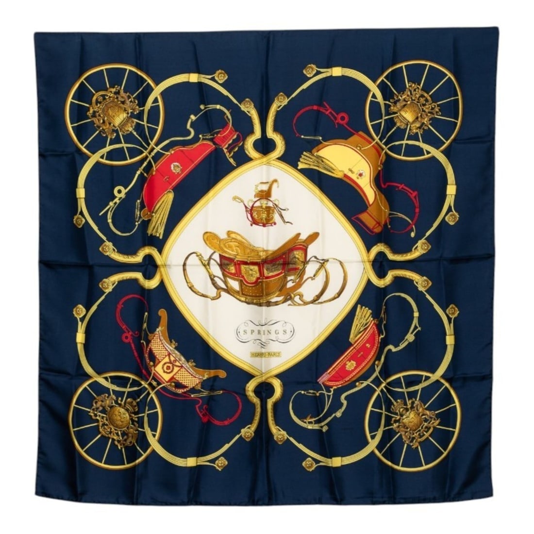 Hermes Carre 90 Springs Scarf/Muffler, Navy Silk, Women's: --- Catalog ---Category: SizeSize (LxW): 89cm x 88cm / 35.03'' x 34.64''Category: DesignType: ScarfColor: NavyGender: WomenMaterial: Silk Category: GeneralBrand: Hermes--- Item List ---Section: Condit