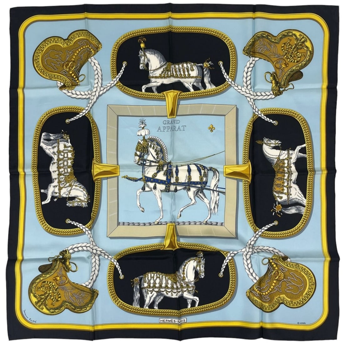 Hermes Carre 90 GRAND APPARAT Scarf/Muffler, "Horses in Grand Attire," Silk, Black/Blue, Women's.: --- Catalog ---Category: SizeSize (LxW): 90cm x 89cm / 35.43'' x 35.03''Category: DesignType: ScarfColor: Black, BlueGender: WomenMaterial: Silk Category: GeneralBrand: Hermes--- Item List ---Section:
