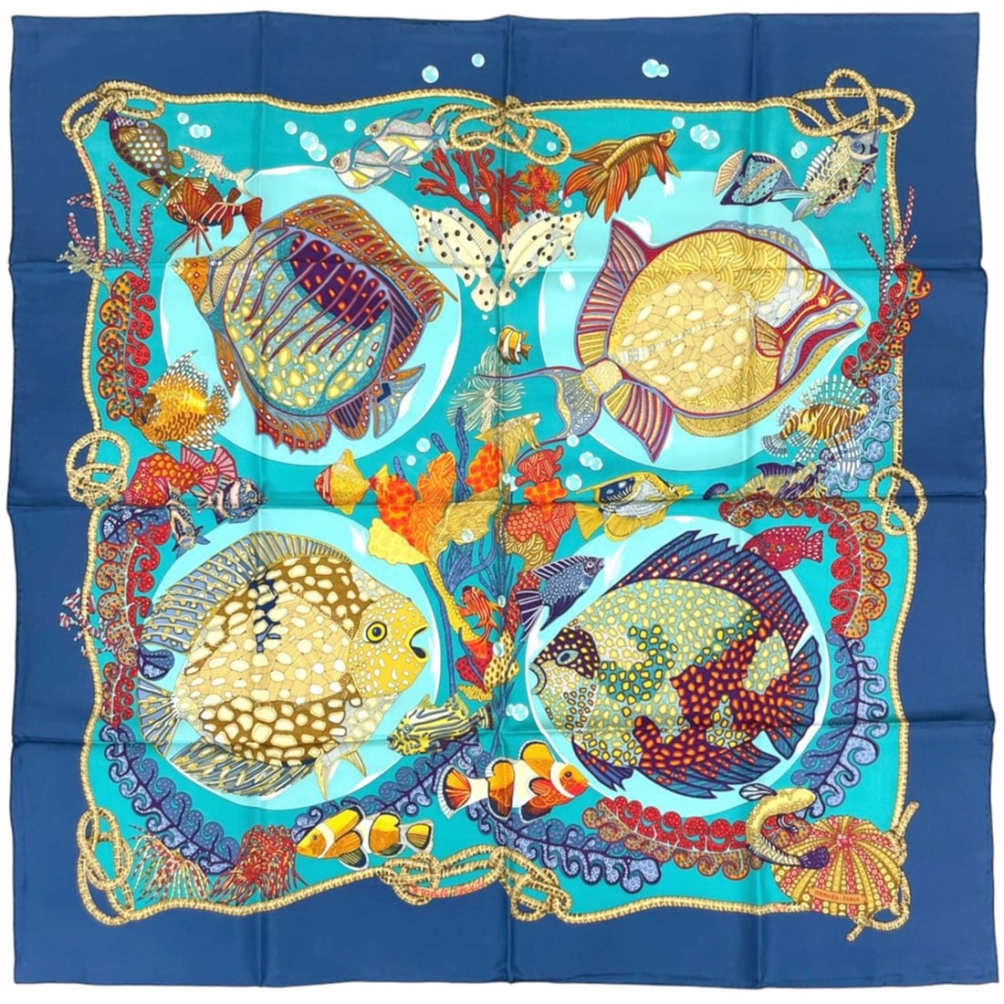 Hermes Carre 90 Grands Fonds Scarf/Muffler, Deep Sea Fish Design, Silk, Blue Multicolor, Women's: --- Catalog ---Category: SizeSize (LxW): 89cm x 88cm / 35.03'' x 34.64''Category: DesignType: ScarfColor: Blue, Multi-colorGender: WomenMaterial: Silk Category: GeneralBrand: Hermes--- Item List ---Se