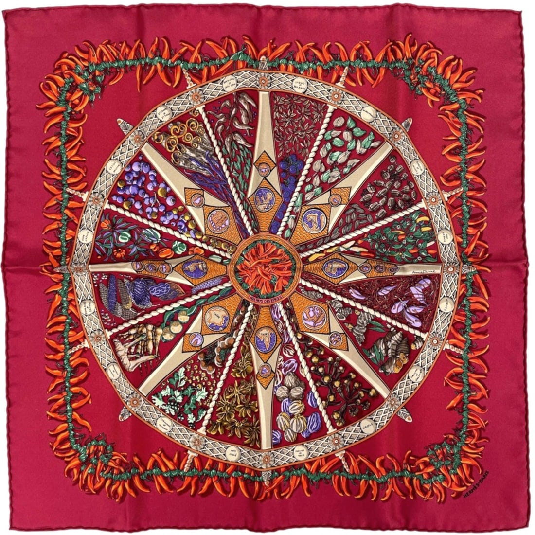 Hermes Petit Carré AUX PAYS DES EPICES Scarf Muffler, "Land of Spices," Silk, Red, Women's: --- Catalog ---Category: SizeSize (LxW): 42cm x 42cm / 16.53'' x 16.53''Category: DesignType: ScarfColor: Red colorGender: WomenMaterial: Silk Category: GeneralBrand: Hermes--- Item List ---Section: C