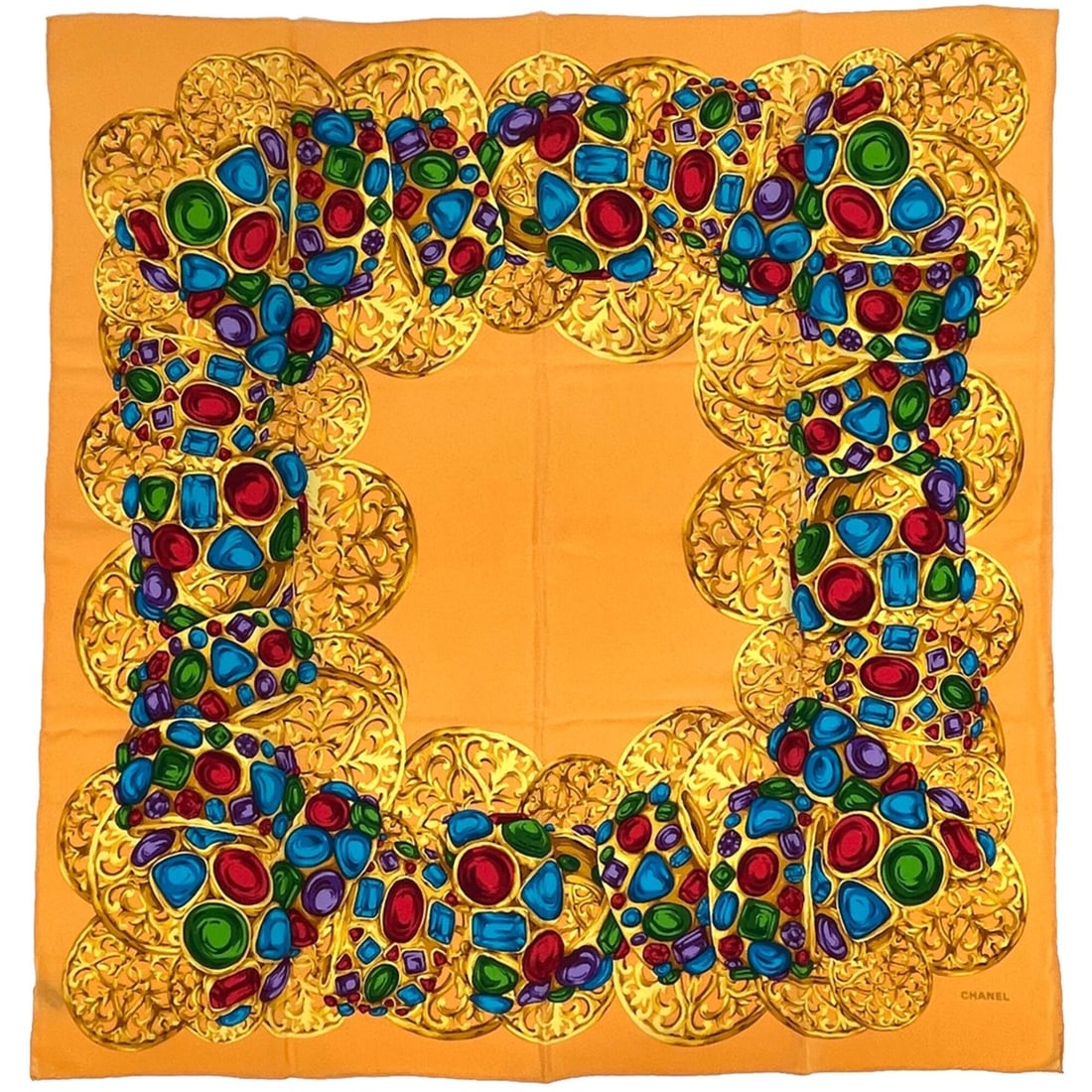 Chanel scarf/muffler with Coco Mark, jewel embellishments, and jewelry pattern, made of silk, in: --- Catalog ---Category: SizeSize (LxW): 94cm x 99cm / 37'' x 38.97''Category: DesignType: ScarfColor: Multi-color, YellowGender: WomenMaterial: Silk Category: GeneralBrand: Chanel--- Item List ---Sec
