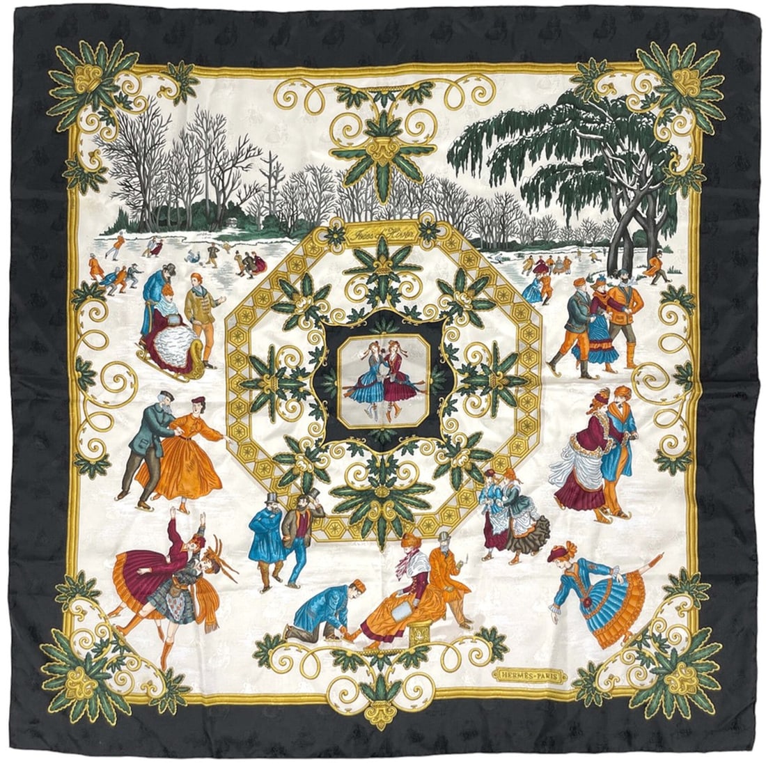 Hermes Carre 90 Joies d Hiver Scarf/Muffler, Winter Pleasure, Silk, Black/Multicolor, Women's: --- Catalog ---Category: SizeSize (LxW): 89cm x 90cm / 35.03'' x 35.43''Category: DesignType: ScarfColor: Black, Multi-colorGender: WomenMaterial: Silk Category: GeneralBrand: Hermes--- Item List ---S