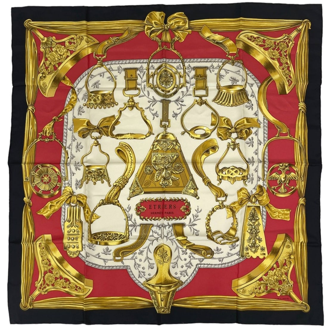 Hermes Carre 90 Etriers Scarf/Muffler, Armor/Equestrian Pattern, Silk, Black/Multicolor, Women's: --- Catalog ---Category: SizeSize (LxW): 90cm x 87cm / 35.43'' x 34.25''Category: DesignType: ScarfColor: Black, Multi-colorGender: WomenMaterial: Silk Category: GeneralBrand: Hermes--- Item List ---S