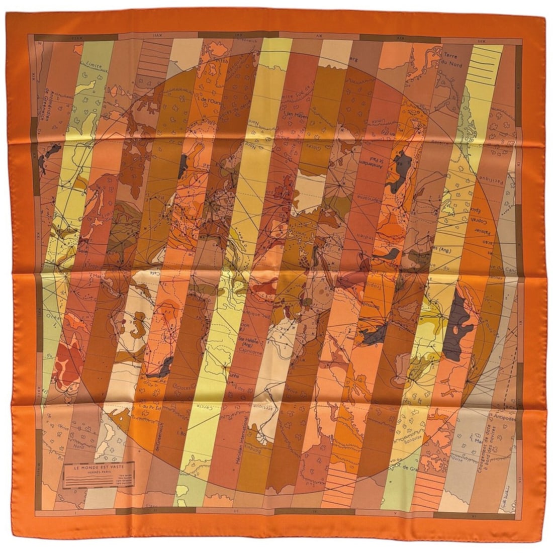 Hermes Carre 90 LE MONDE EST VASTE Scarf/Muffler, World Map, Silk, Orange Multicolor, Women's: --- Catalog ---Category: SizeSize (LxW): 88cm x 89cm / 34.64'' x 35.03''Category: DesignType: ScarfColor: Multi-color, OrangeGender: WomenMaterial: Silk Category: GeneralBrand: Hermes--- Item List ---