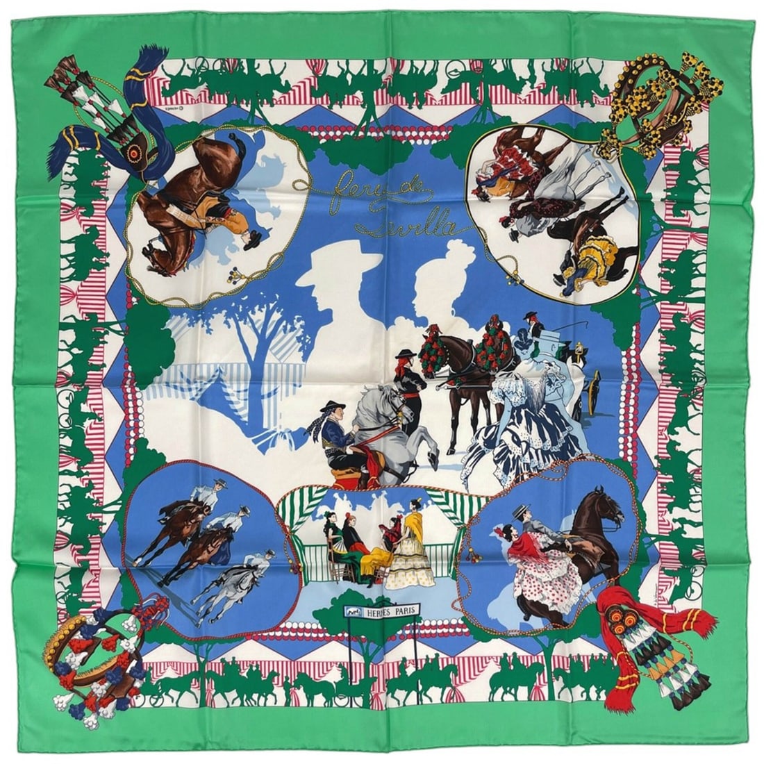 Hermes Carre 90 Feria de Sevilla Scarf/Muffler - Seville Holiday Silk Green/Blue Multicolor Women's: --- Catalog ---Category: SizeSize (LxW): 88cm x 88cm / 34.64'' x 34.64''Category: DesignType: ScarfColor: Blue, Green, Multi-colorGender: WomenMaterial: Silk Category: GeneralBrand: Hermes--- Item Lis