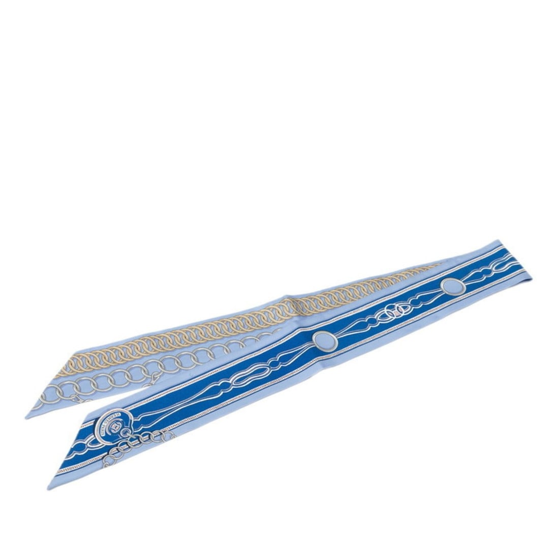 Hermes Twilly MAILLONS Chain Scarf Muffler Blue Silk Women's HERMES: --- Catalog ---Category: SizeSize (LxW): 86cm x 5cm / 33.85'' x 1.96''Category: DesignType: ScarfColor: BlueGender: WomenMaterial: Silk Category: GeneralBrand: Hermes--- Item List ---Section: Conditio