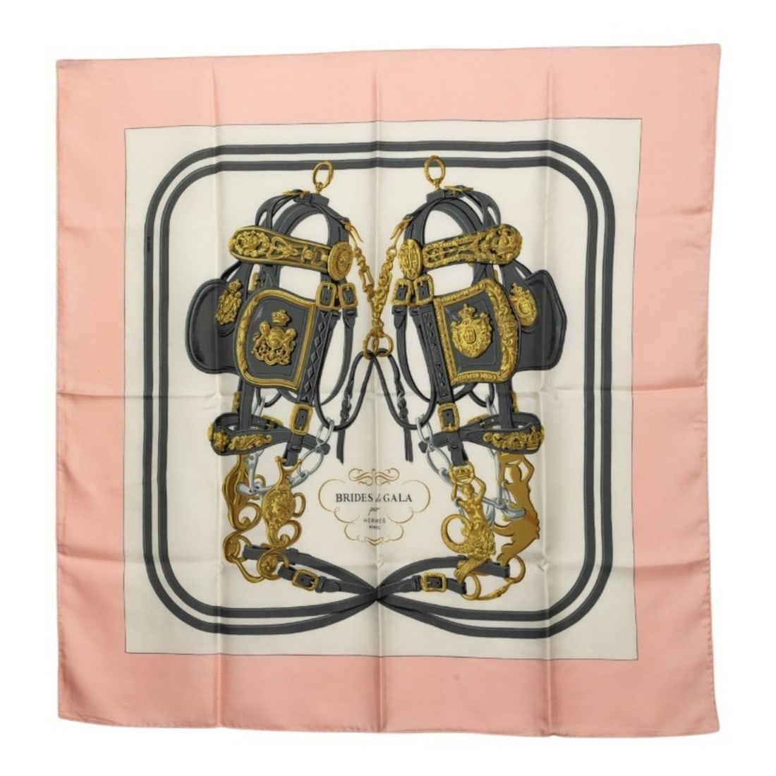 Hermes Carre 90 BRIDES de GALA Ceremonial Bridle Scarf/Muffler, Pink/Ivory Silk, Women's HERMES: --- Catalog ---Category: SizeSize (LxW): 89.5cm x 88cm / 35.23'' x 34.64''Category: DesignType: ScarfColor: Ivory, PinkGender: WomenMaterial: Silk Category: GeneralBrand: Hermes--- Item List ---Sectio
