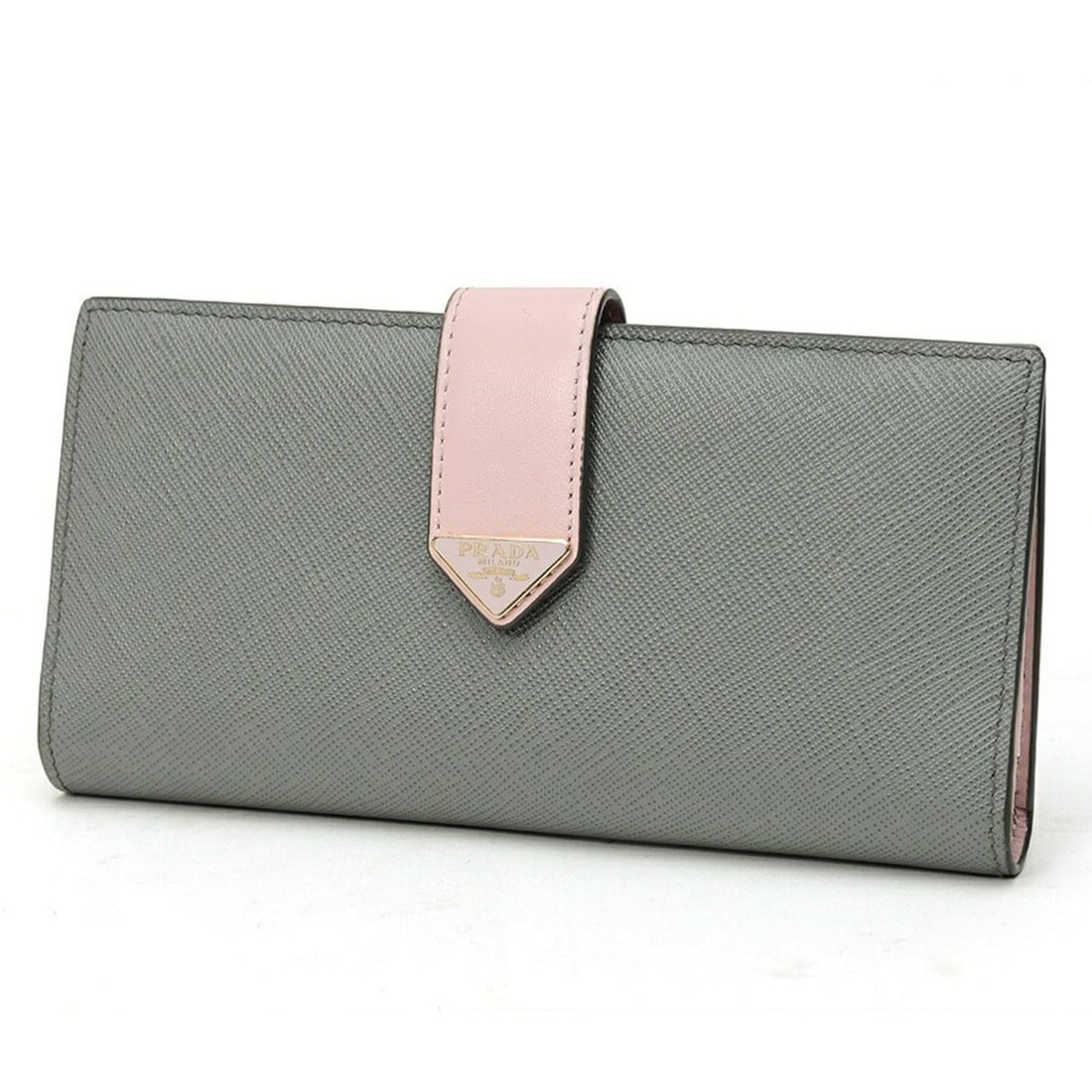 Prada Saffiano Tab Wallet 1MV025, Leather, Gray Pink: --- Catalog ---Category: SizeSize (HxWxD): 9.5cm x 19.5cm / 3.74'' x 7.67''Category: DesignType: Long wallet (bi-fold)Color: Gray, PinkGender: WomenMaterial: Saffiano triangle , Leather Category: Gene