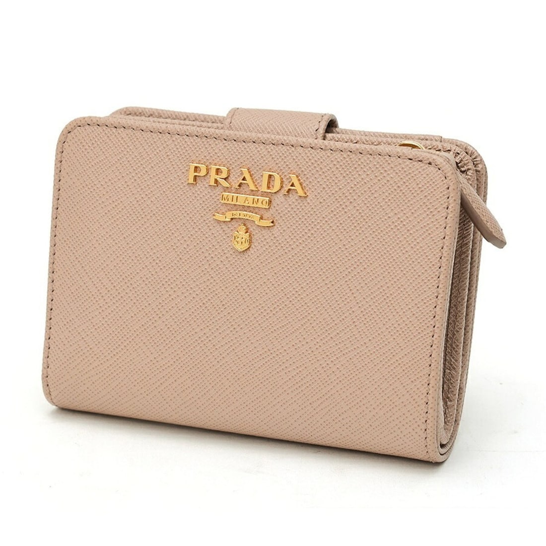 Prada Saffiano Compact Wallet, Bi-fold 1ML018, Leather, Cipria (Pink Beige): --- Catalog ---Category: SizeSize (HxWxD): 9cm x 12cm x 3.5cm / 3.54'' x 4.72'' x 1.37''Category: DesignType: Wallet (bi-fold)Color: Pink beigeGender: WomenMaterial: Saffiano triangle , Leather Catego