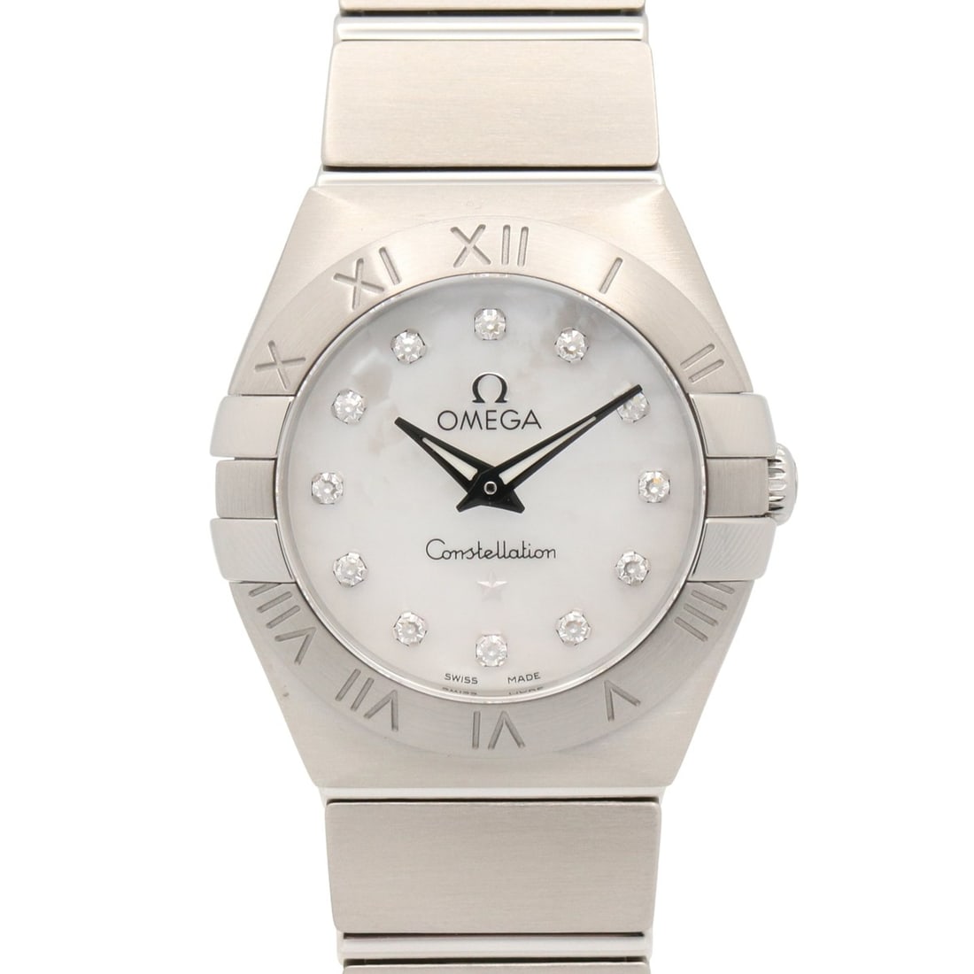 Omega Constellation Brushed 12-Diamond Watch, Stainless Steel, White/White Mother-of-Pearl, Ladies': --- Catalog ---Category: SizeWrist Size: 16cm / 6.29''Case Diameter: 24mm / 0.94''Category: DesignType: WristwatchGender: WomenColor (Dial): White shellMaterial (Band): Stainless steelMaterial (Case):
