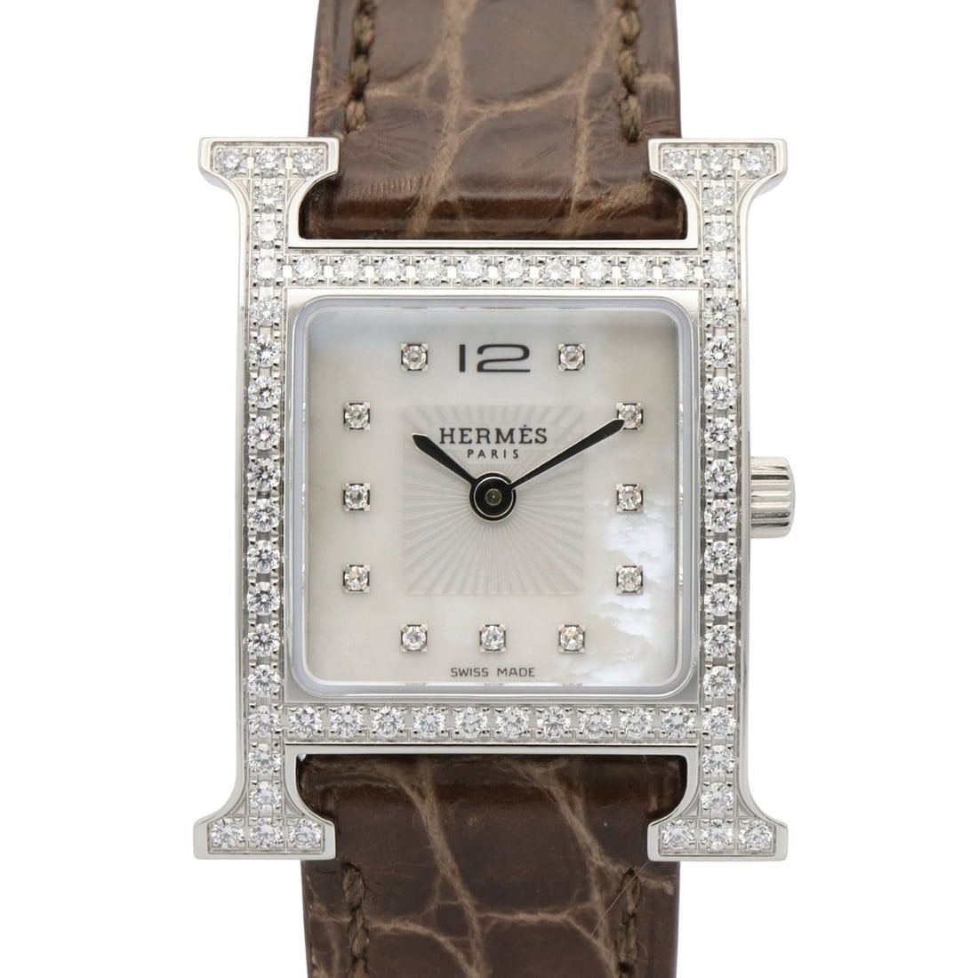 Hermes H-Watch, Women's Watch, Stainless Steel, Diamond, Leather Strap, White with Mother-of-Pearl: --- Catalog ---Category: SizeWrist Size: 16cm / 6.29''Case Diameter: 21mm / 0.83''Category: DesignType: WristwatchGender: WomenColor (Dial): White shellMaterial (Band): LeatherMaterial (Case): Stainle